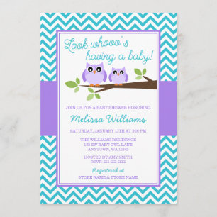 Purple Owl Teal Chevron Girl Baby Shower Invitation