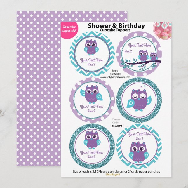 Purple Owl with Teal Cupcake Toppers, Baby Shower Invitation (Front/Back)