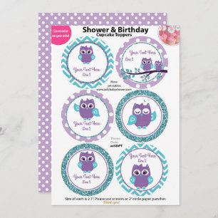 Purple Owl with Teal Cupcake Toppers, Baby Shower Invitation