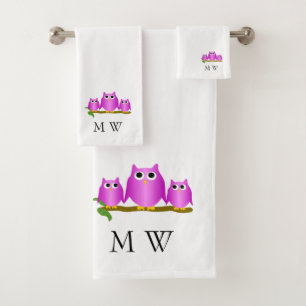 Purple Owls Design Monogrammed Bath Towel Set
