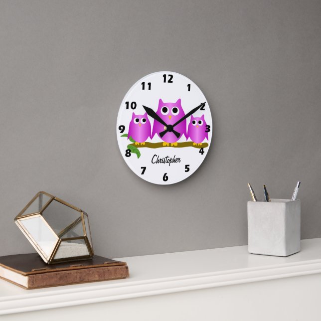 Purple Owls Design Personalised Round Clock (Office)