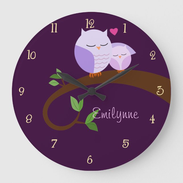 Purple Owls Personalized Wall Clock (Front)
