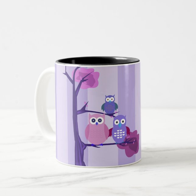Purple Owls Two-Tone Coffee Mug (Front Left)