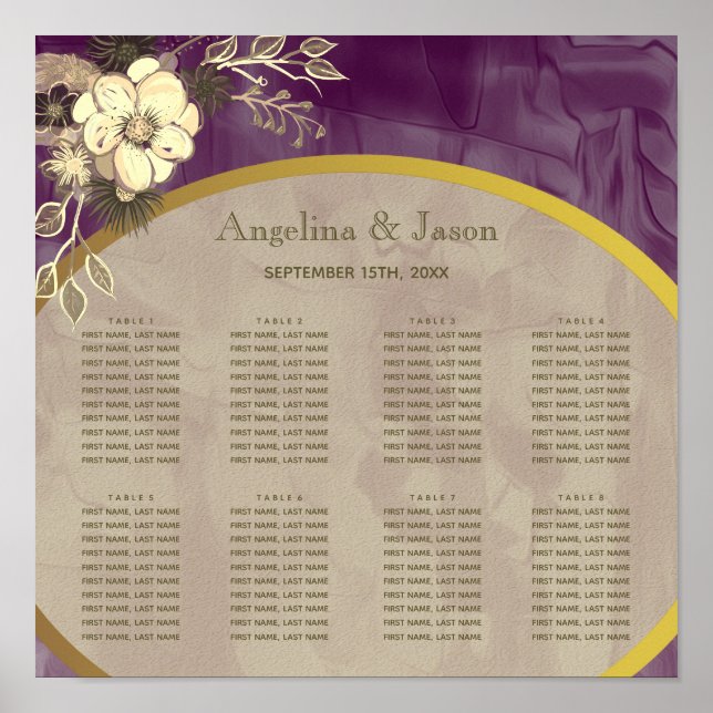 Purple Paint and Gold Flower Wedding Seating Chart (Front)