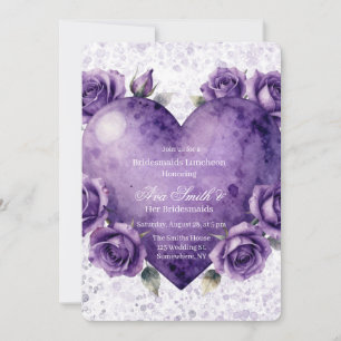 Purple Paint Heart and Roses Bridesmaids Luncheon Invitation