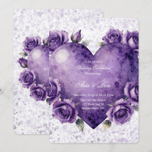Purple Paint Heart and Roses Wedding Celebration Invitation