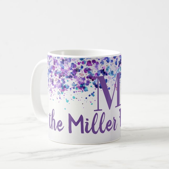 Purple Paint Splatte Personalized Name   Coffee Mug (Front Left)