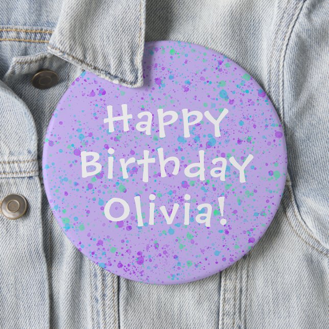 Purple Paint Splatter Birthday 6 Inch Round Button (In Situ)