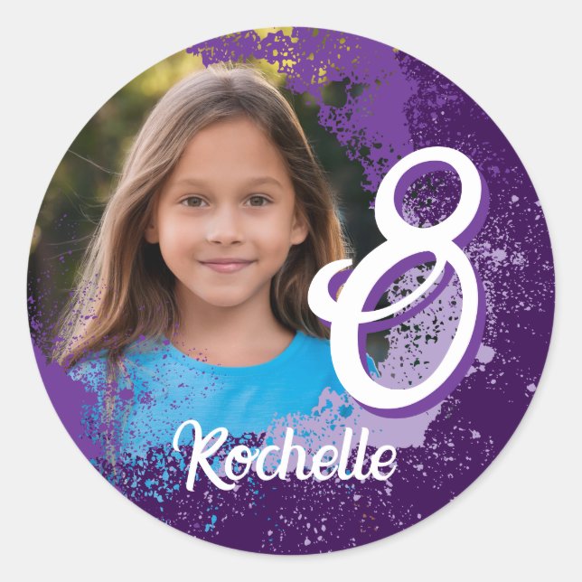 Purple Paint Splatter Photo Sticker - Age 8 (Front)
