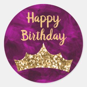 Purple paintbrush and Gold Crown Birthday Classic Round Sticker