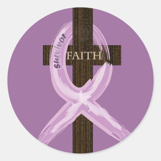 Purple Painted Cancer Ribbon on Cross Classic Round Sticker (Front)