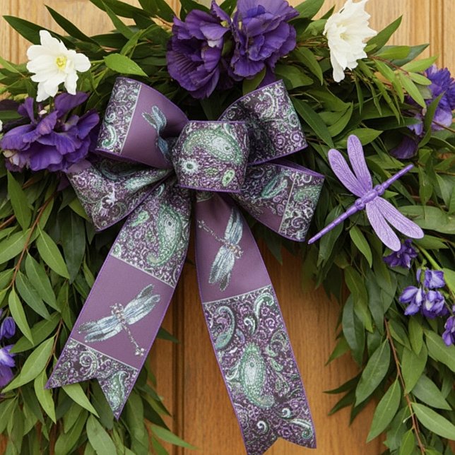 purple paisley and dragonfly check satin ribbon (Creator Uploaded)