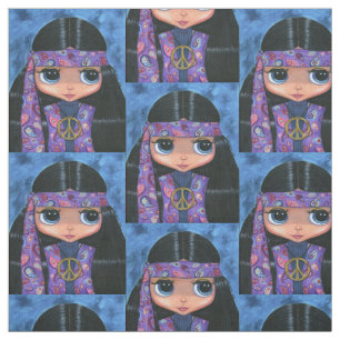 Purple Paisley Hippie Chick with Peace Sign 1960s Fabric