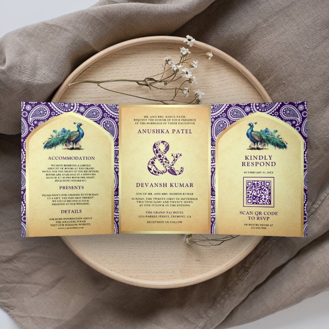 Purple Paisley Indian Peacock QR Code Wedding Tri-Fold Invitation (Creator Uploaded)