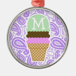 Purple Paisley Pattern; Ice Cream Cone Metal Ornament