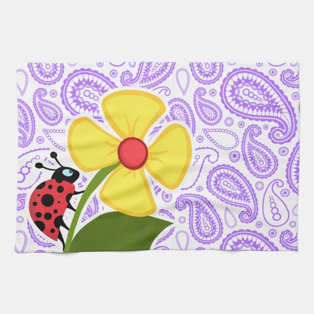Purple Paisley Pattern; Ladybug Kitchen Towel (Horizontal)