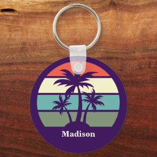 Purple Palm Tree Personalized Beach House Keychain