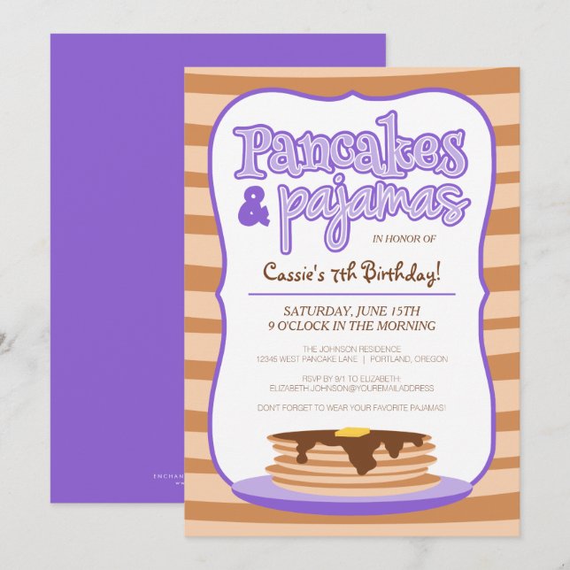 Purple Pancakes and Pyjamas Birthday Invitation (Front/Back)