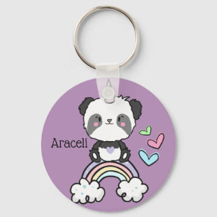 Purple Panda Unicorn on Rainbow Personalized Keychain