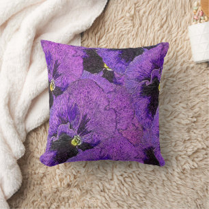 Purple pansies, abstract painting, floral art throw pillow