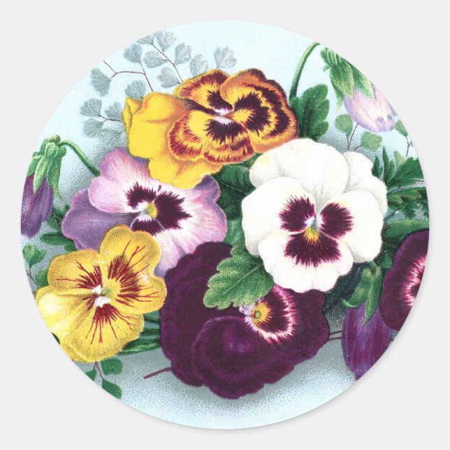 Purple Pansies and Delicate Ferns Classic Round Sticker (Front)