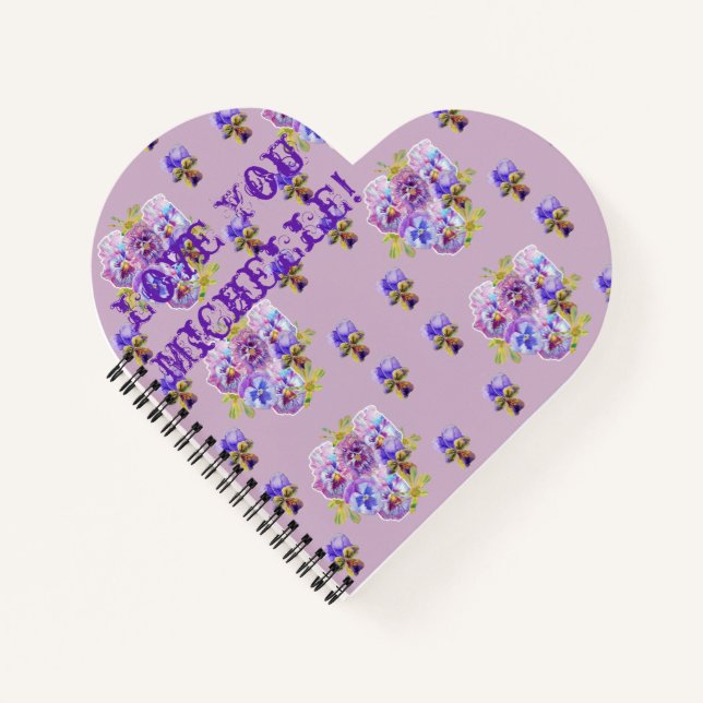 Purple Pansies Love You floral Name cute Notebook (Front)