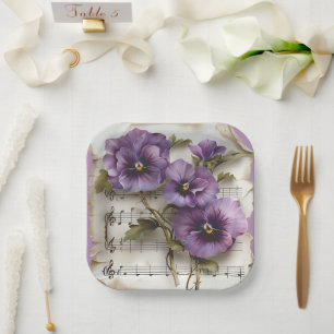 Purple Pansies Music Sheet Paper Plate