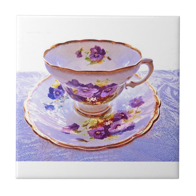 Purple Pansies Vintage Tea Cup Tile (Front)