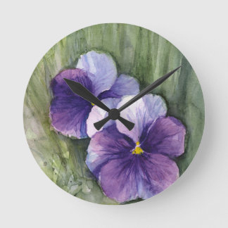 Purple Pansies Viola Watercolor Round Clock