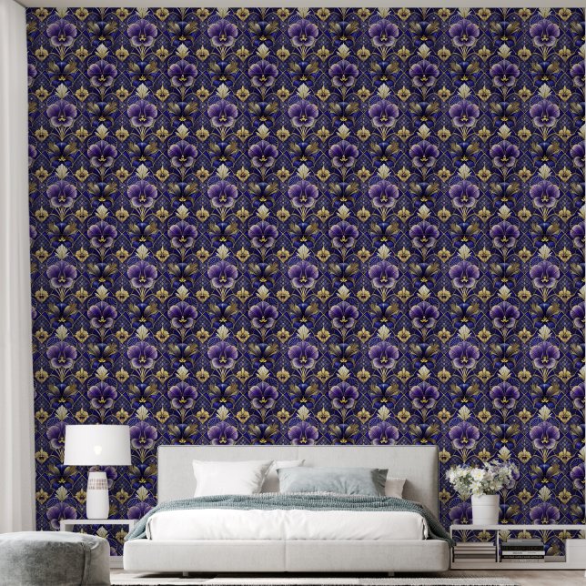 Purple pansy, art deco style wallpaper (Bedroom)