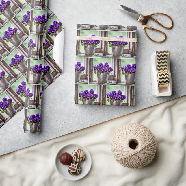 Purple Pansy Bouquet In Pail Wrapping Paper (Crafts)