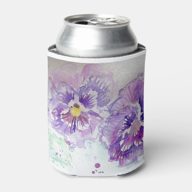 Purple Pansy Flower Floral Watercolor Painting Can Cooler (Can Front)