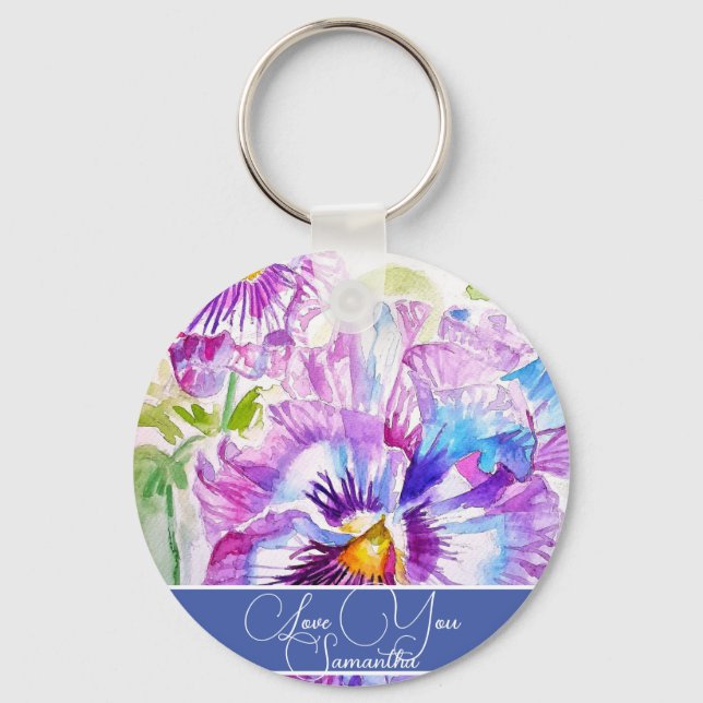 Purple Pansy Flower Floral Womans Name Love You Keychain (Front)
