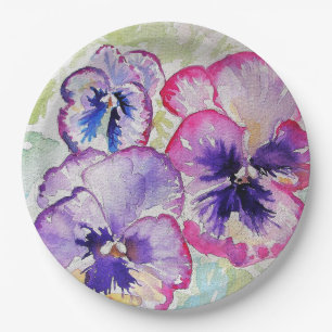 Purple Pansy Flower Pattern Paper Party Plate