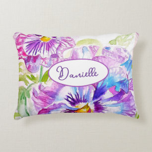 Purple Pansy Flower Pattern Watercolor Blue Girls  Accent Pillow