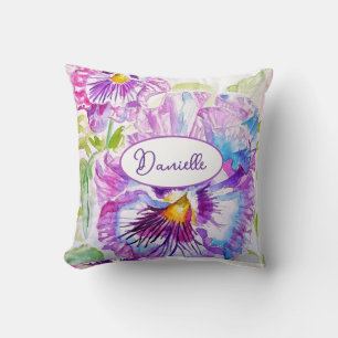 Purple Pansy Flower Pattern Watercolor Blue Girls  Throw Pillow