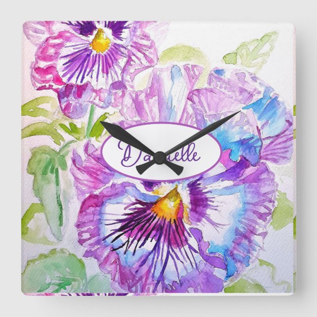 Purple Pansy Flower Pattern Watercolor Girls Clock (Front)