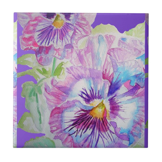 Purple Pansy Flower Watercolor Floral Ceramic Tile (Front)