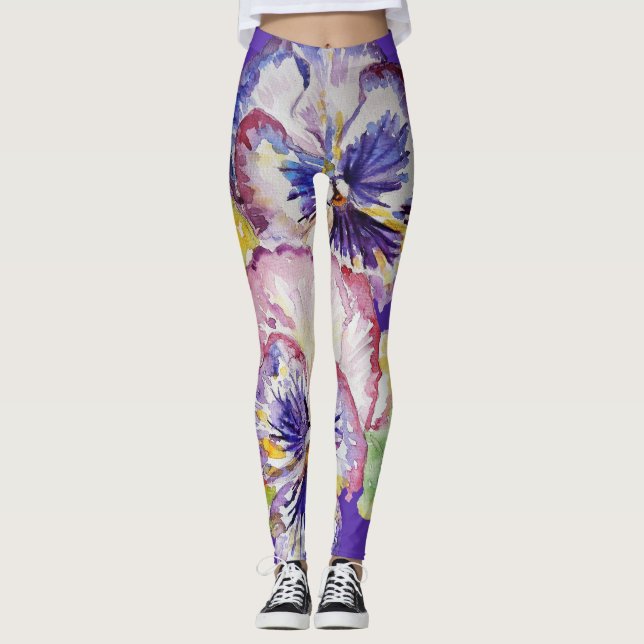 Purple Pansy large pansy Floral flower Leggings (Front)