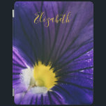 Purple pansy macro photograph elegant iPad cover<br><div class="desc">Modern and elegant iPad cover featuring an original macro photograph of a beautiful purple and yellow pansy flower.
Easily customizable by adding your name or text of your choice on a yellow calligraphy font.</div>