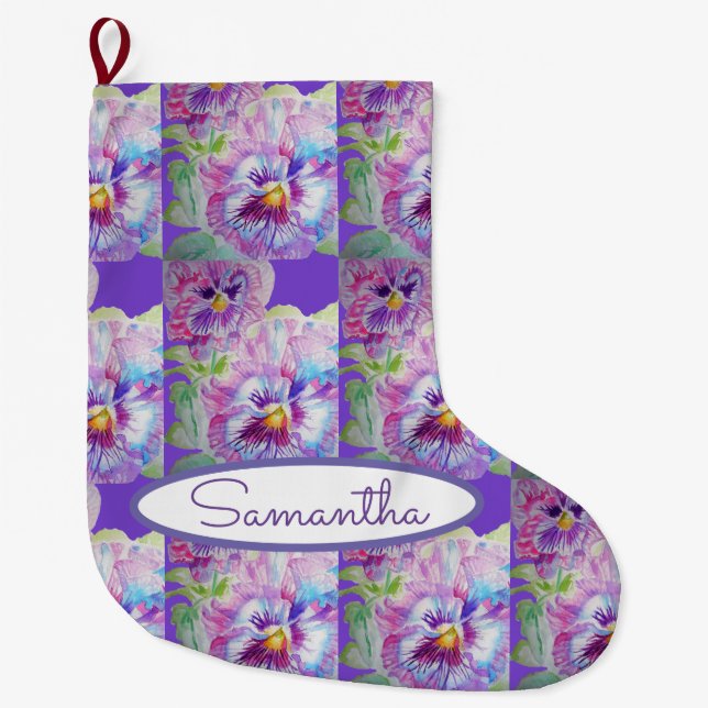 Purple Pansy Pansies Violet Floral Flowers Art Large Christmas Stocking (Front)