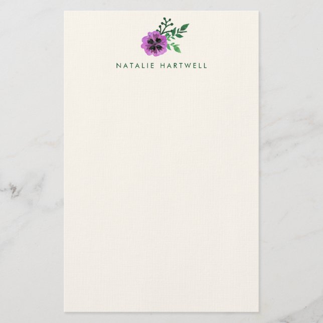 Purple Pansy Personalized Linen Stationery (Front)