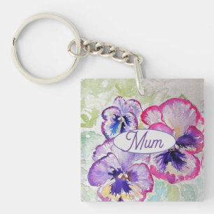 Purple Pansy Pink Flower Floral Watercolor Mum Keychain