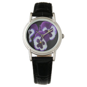 Purple Pansy Posy, Ladies Black Leather Watch. Watch