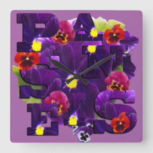 Purple Pansy Typography, Square Wall Clock