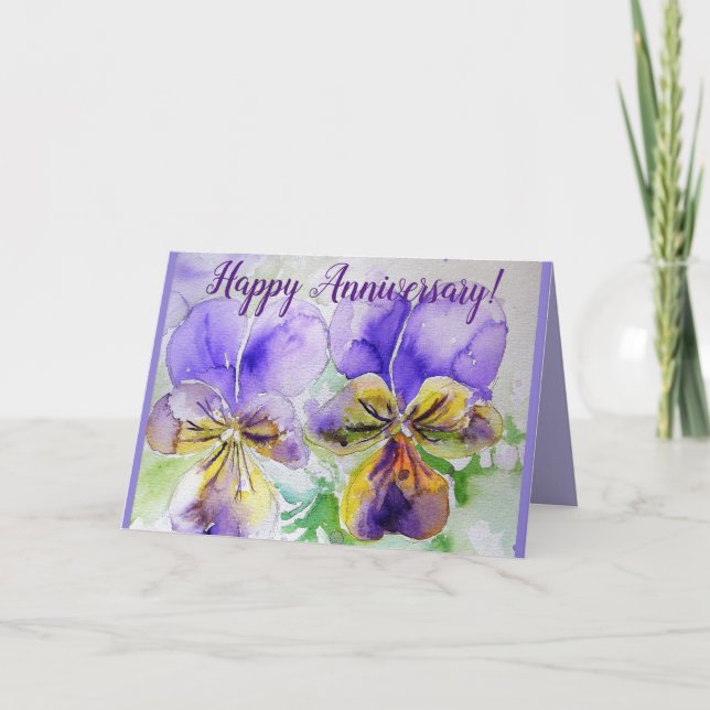 Purple Pansy Viola Watercolour Anniversary Card (Front)