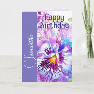 Purple Pansy Watercolor Flower Girls Name Birthday Card