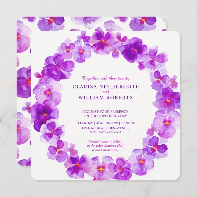 Purple pansy watercolor flower wedding invitations (Front/Back)