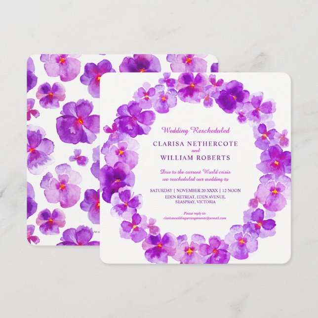 Purple pansy watercolor flower wedding rescheduled invitation (Front/Back)