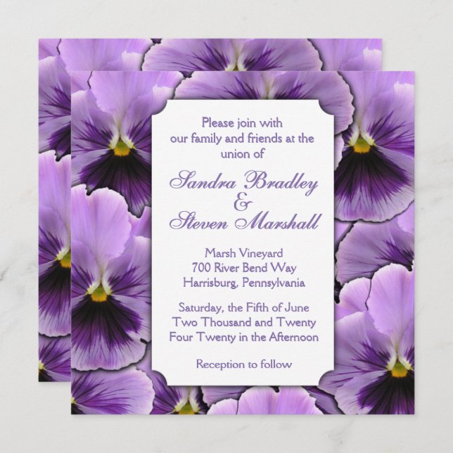Purple Pansy Wedding Invitation (Front/Back)